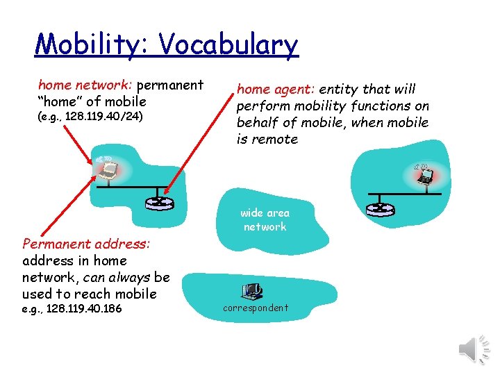 Mobility: Vocabulary home network: permanent “home” of mobile (e. g. , 128. 119. 40/24)