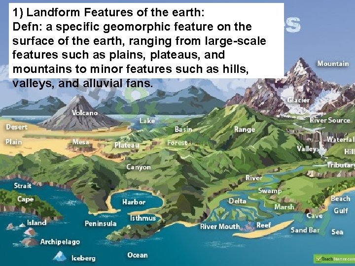 1) Landform Features of the earth: Defn: a specific geomorphic feature on the surface