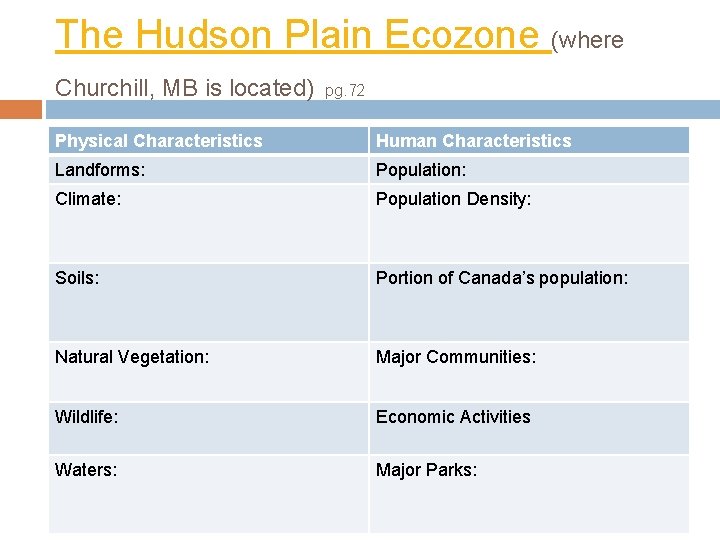 The Hudson Plain Ecozone (where Churchill, MB is located) pg. 72 Physical Characteristics Human