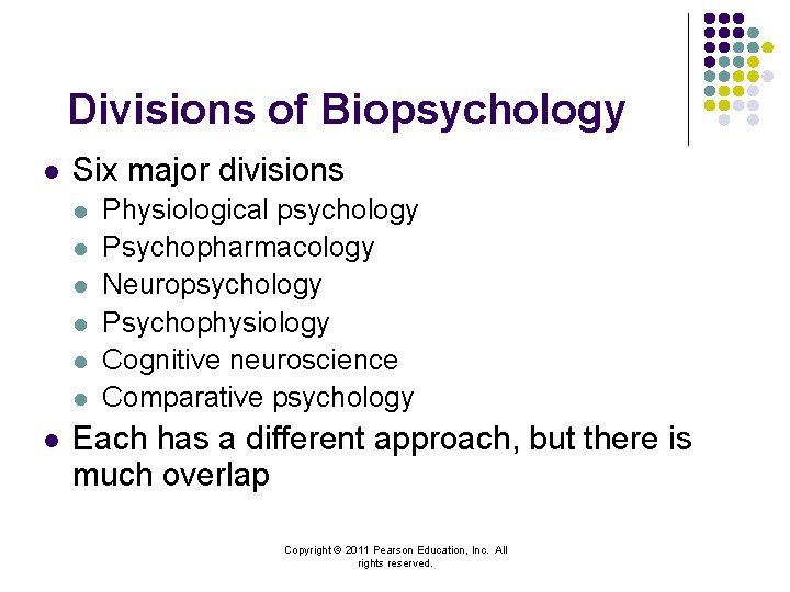 Divisions of Biopsychology l Six major divisions l l l l Physiological psychology Psychopharmacology