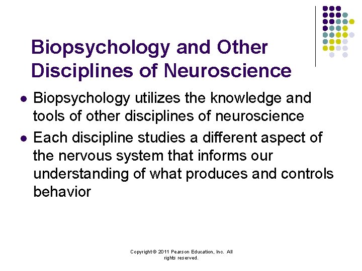Biopsychology and Other Disciplines of Neuroscience l l Biopsychology utilizes the knowledge and tools