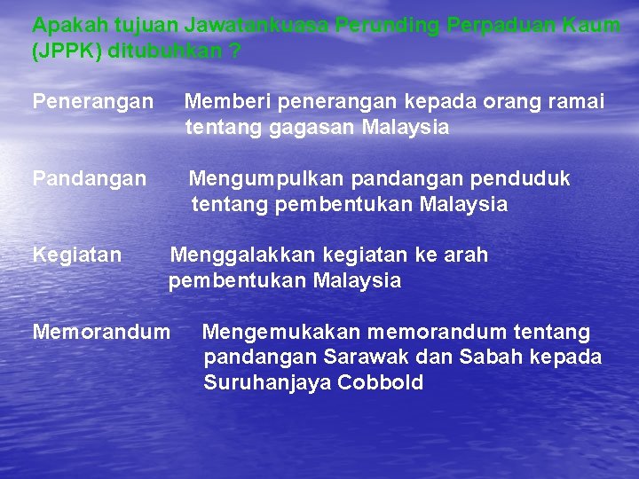 Apakah tujuan Jawatankuasa Perunding Perpaduan Kaum (JPPK) ditubuhkan ? Penerangan Memberi penerangan kepada orang