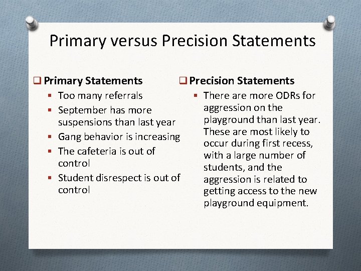 Primary versus Precision Statements q Primary Statements q Precision Statements § Too many referrals Primary versus Precision Statements q Primary Statements q Precision Statements § Too many referrals