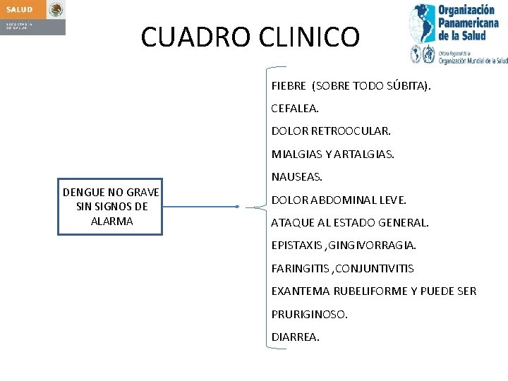 CUADRO CLINICO FIEBRE (SOBRE TODO SÚBITA). CEFALEA. DOLOR RETROOCULAR. MIALGIAS Y ARTALGIAS. NAUSEAS. DENGUE