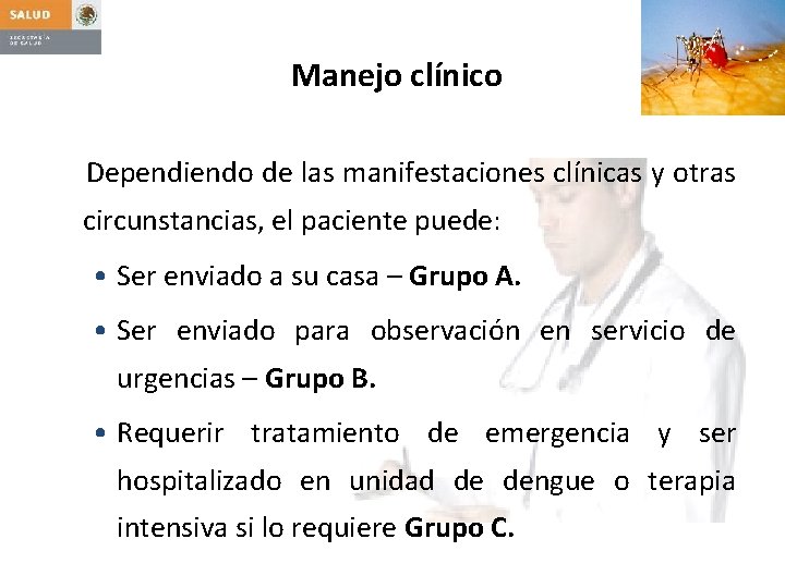 Manejo clínico Dependiendo de las manifestaciones clínicas y otras circunstancias, el paciente puede: •