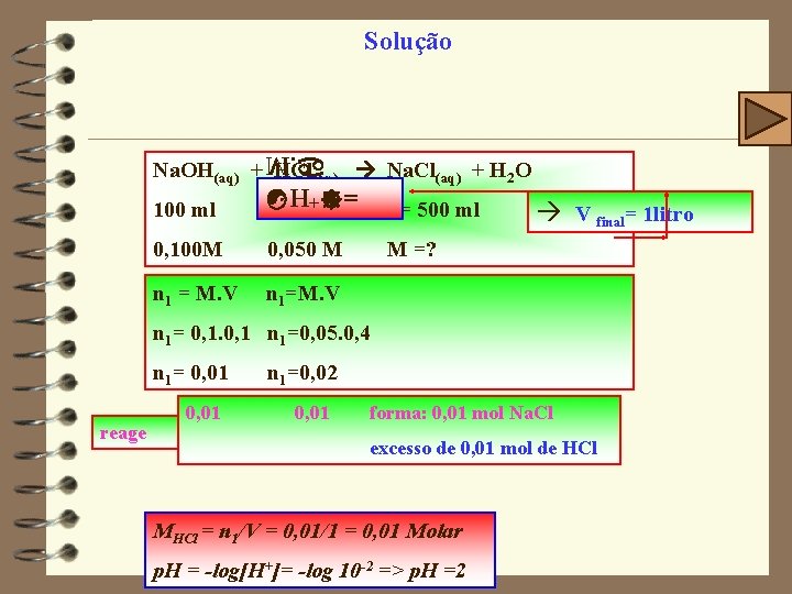 Solução Na. OH(aq) 100 ml M. + HCl(aq) Na. Cl(aq) + H 2 O