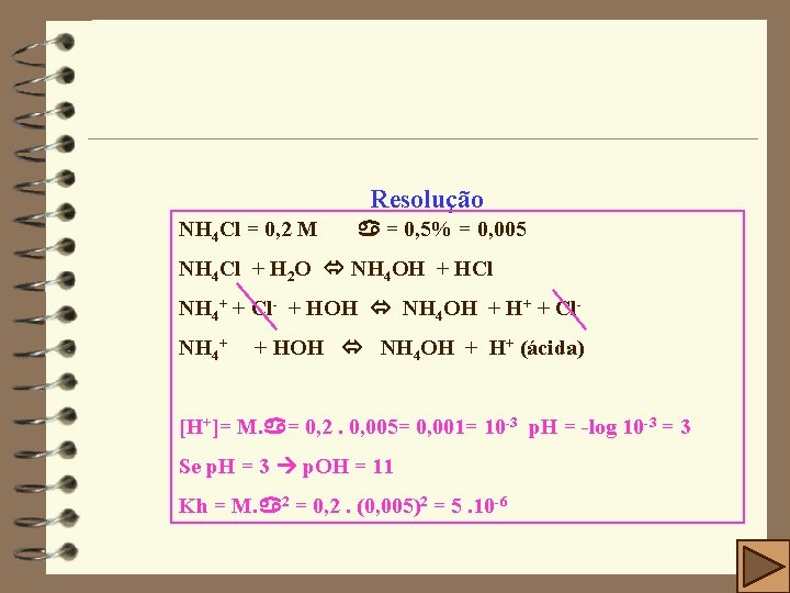 Resolução NH 4 Cl = 0, 2 M = 0, 5% = 0, 005