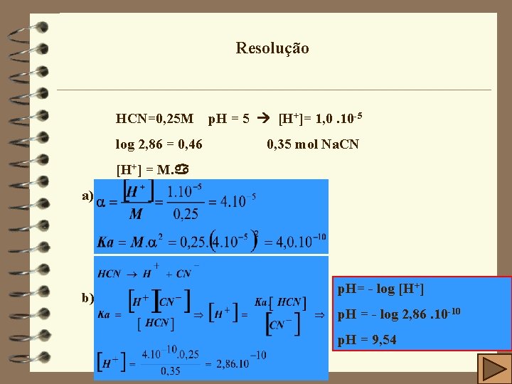 Resolução HCN=0, 25 M log 2, 86 = 0, 46 p. H = 5