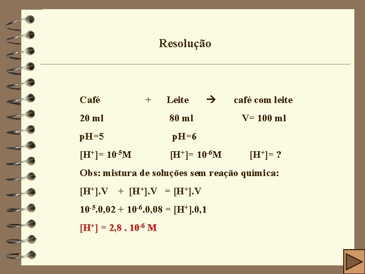 Resolução Café + Leite 20 ml 80 ml p. H=5 p. H=6 [H+]= 10