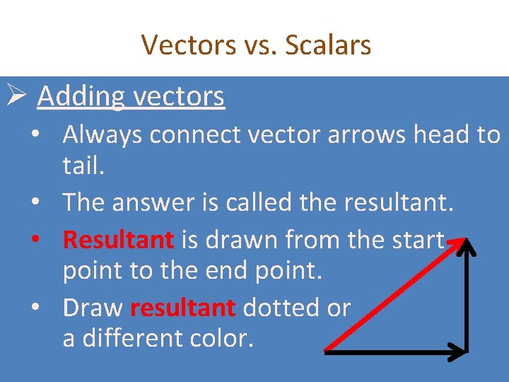 Vectors vs. Scalars Ø Adding vectors • Always connect vector arrows head to tail.