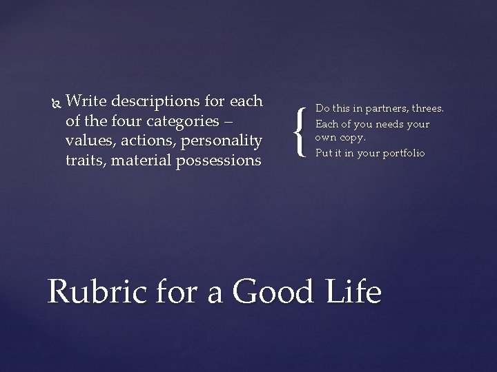  Write descriptions for each of the four categories – values, actions, personality traits,