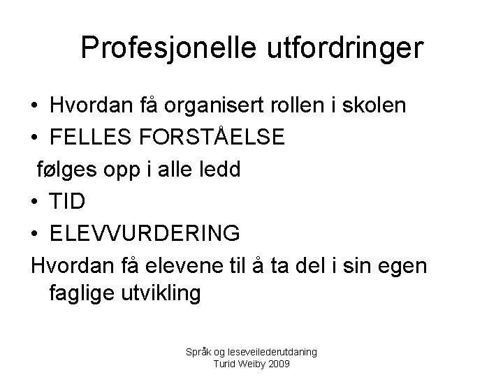 Profesjonelle utfordringer • Hvordan få organisert rollen i skolen • FELLES FORSTÅELSE følges opp