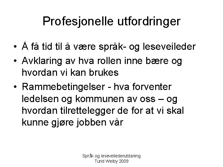 Profesjonelle utfordringer • Å få tid til å være språk- og leseveileder • Avklaring