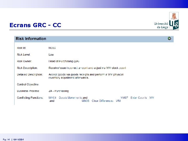 Ecrans GRC - CC Pg. : 14 | 19/11/2004 