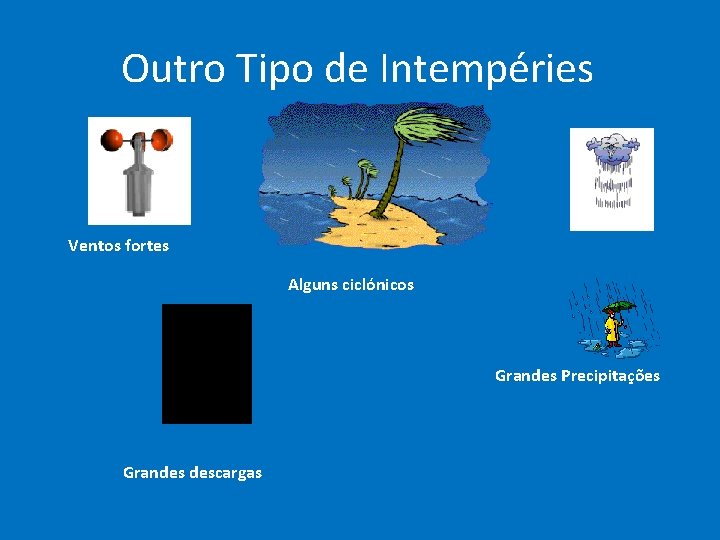 Outro Tipo de Intempéries Ventos fortes Alguns ciclónicos Grandes Precipitações Grandes descargas 