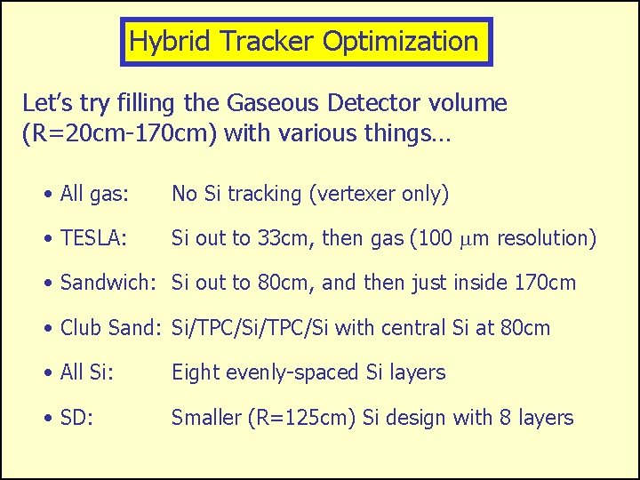 Hybrid Tracker Optimization Let’s try filling the Gaseous Detector volume (R=20 cm-170 cm) with