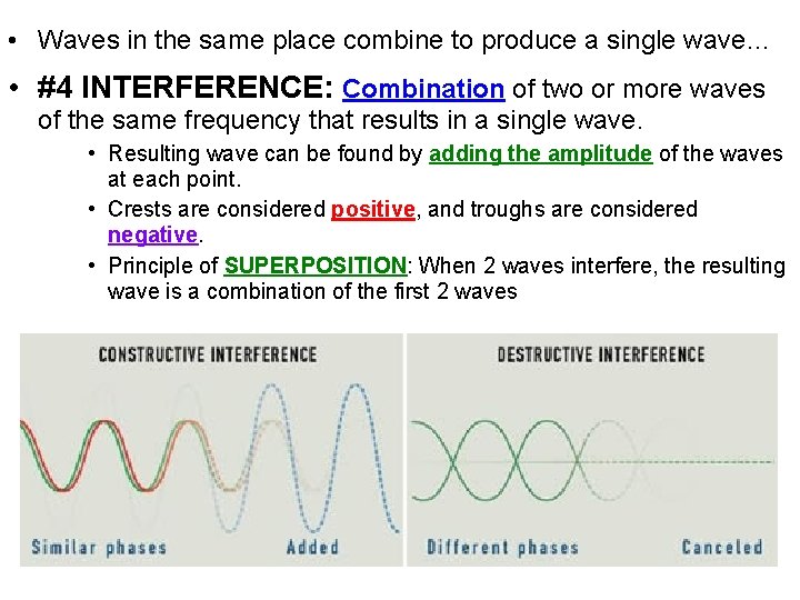• Waves in the same place combine to produce a single wave… • • Waves in the same place combine to produce a single wave… •