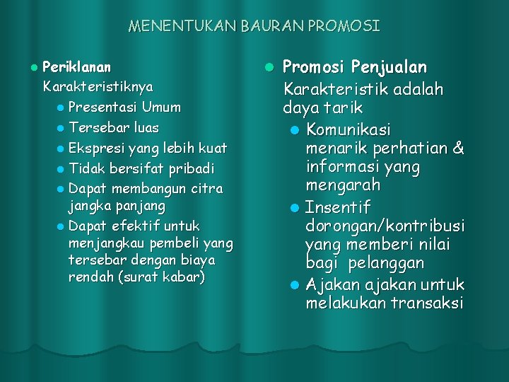 MENENTUKAN BAURAN PROMOSI l Periklanan Karakteristiknya l Presentasi Umum l Tersebar luas l Ekspresi