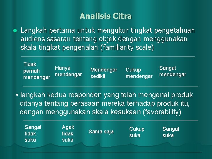 Analisis Citra l Langkah pertama untuk mengukur tingkat pengetahuan audiens sasaran tentang objek dengan