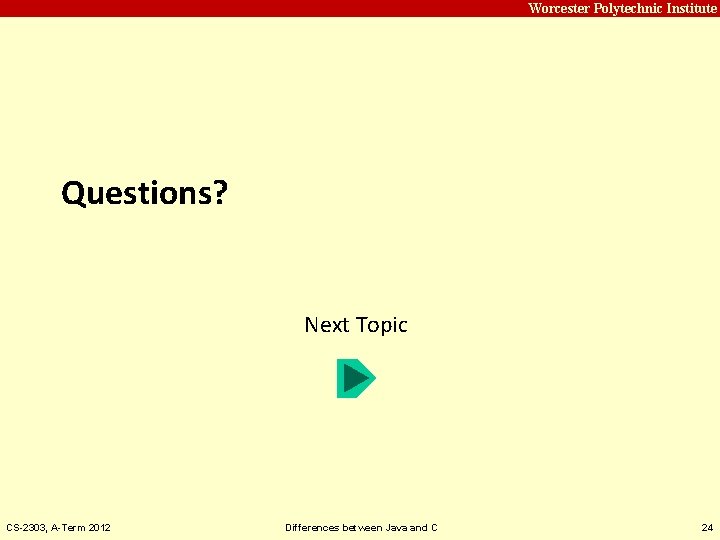 Carnegie Mellon Worcester Polytechnic Institute Questions? Next Topic CS-2303, A-Term 2012 Differences between Java