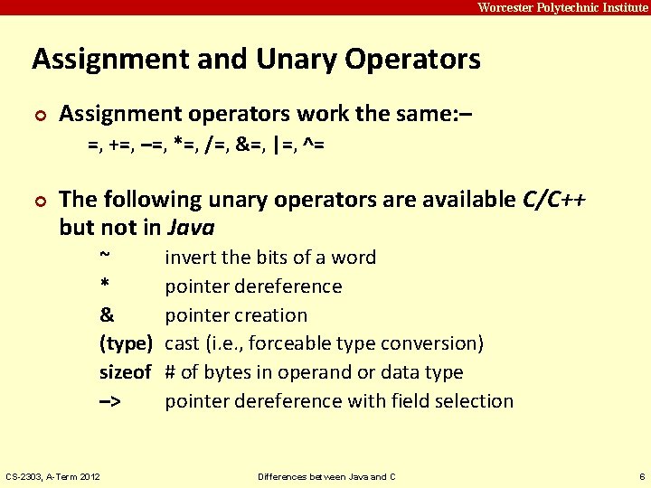 Carnegie Mellon Worcester Polytechnic Institute Assignment and Unary Operators ¢ Assignment operators work the