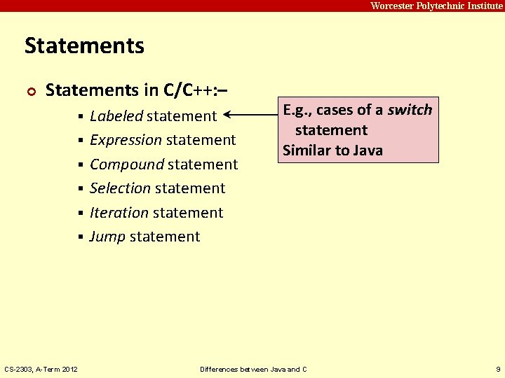 Carnegie Mellon Worcester Polytechnic Institute Statements ¢ Statements in C/C++: – § § §
