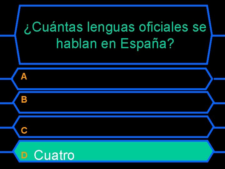 ¿Cuántas lenguas oficiales se hablan en España? A B C D Cuatro 