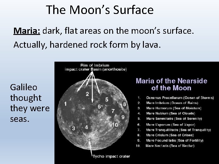 The Moon’s Surface Maria: dark, flat areas on the moon’s surface. Actually, hardened rock
