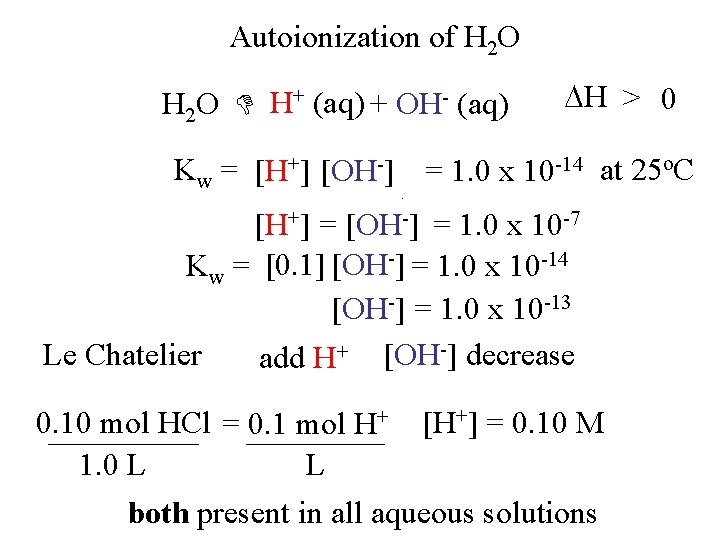 Autoionization of H 2 O H+ (aq) + OH- (aq) H > 0 Kw