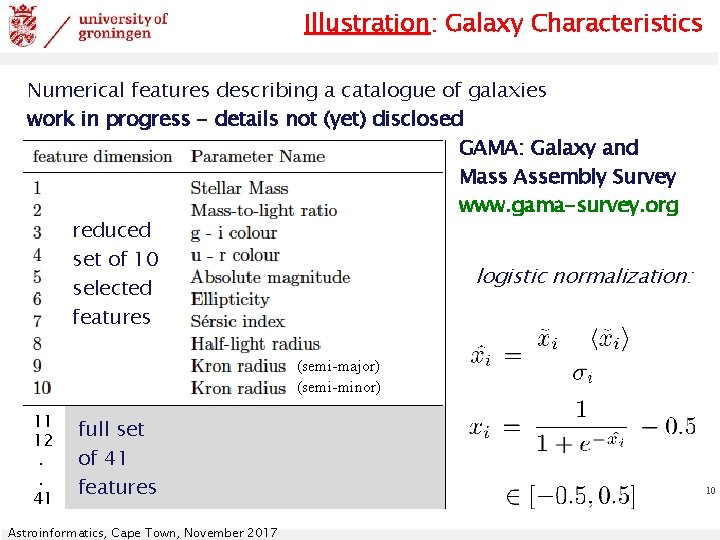 Illustration: Galaxy Characteristics Numerical features describing a catalogue of galaxies work in progress -