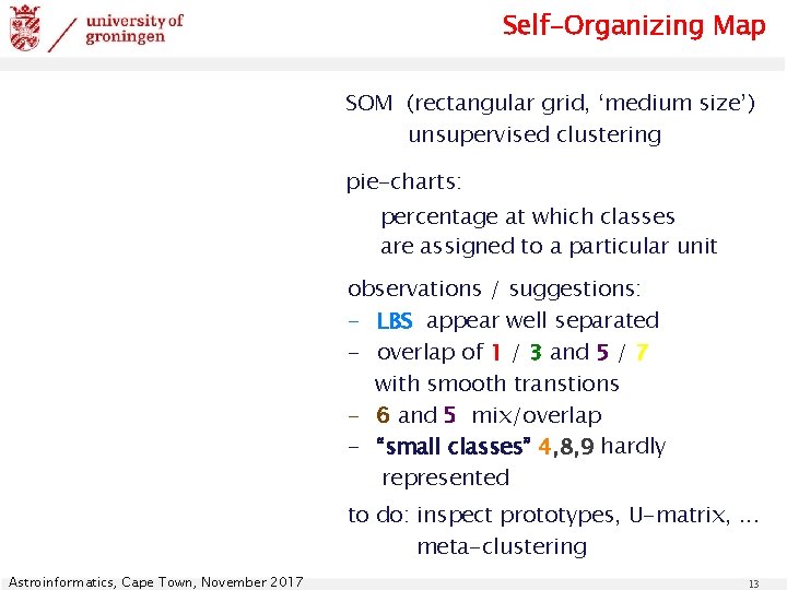 Self-Organizing Map SOM (rectangular grid, ‘medium size’) unsupervised clustering pie-charts: percentage at which classes