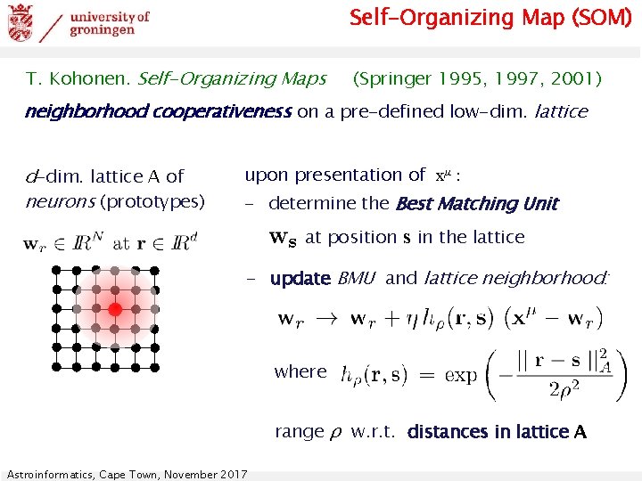 Self-Organizing Map (SOM) T. Kohonen. Self-Organizing Maps (Springer 1995, 1997, 2001) neighborhood cooperativeness on