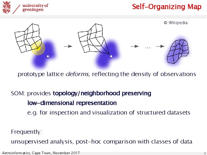 Self-Organizing Map © Wikipedia prototype lattice deforms, reflecting the density of observations SOM: provides