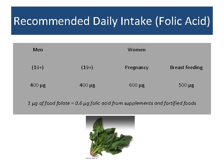 Recommended Daily Intake (Folic Acid) Men Women (19+) Pregnancy Breast feeding 400 µg 600