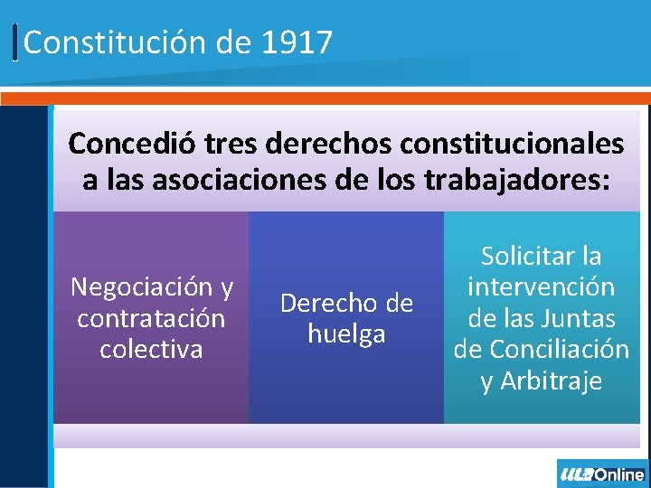 Constitución de 1917 Concedió tres derechos constitucionales a las asociaciones de los trabajadores: Negociación