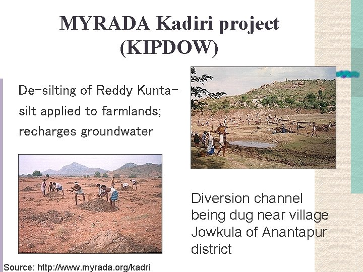 MYRADA Kadiri project (KIPDOW) De-silting of Reddy Kuntasilt applied to farmlands; recharges groundwater Diversion