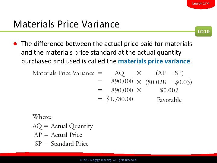 LESSON Learning Objectives 174 Standard Costs and Variance