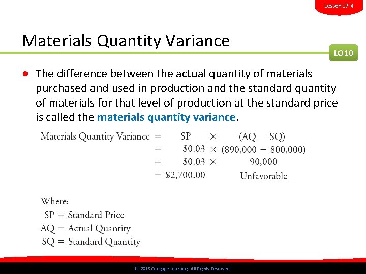 LESSON Learning Objectives 174 Standard Costs and Variance