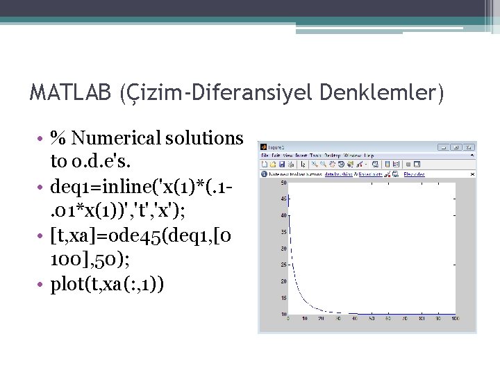 MATLAB (Çizim-Diferansiyel Denklemler) • % Numerical solutions to o. d. e's. • deq 1=inline('x(1)*(.