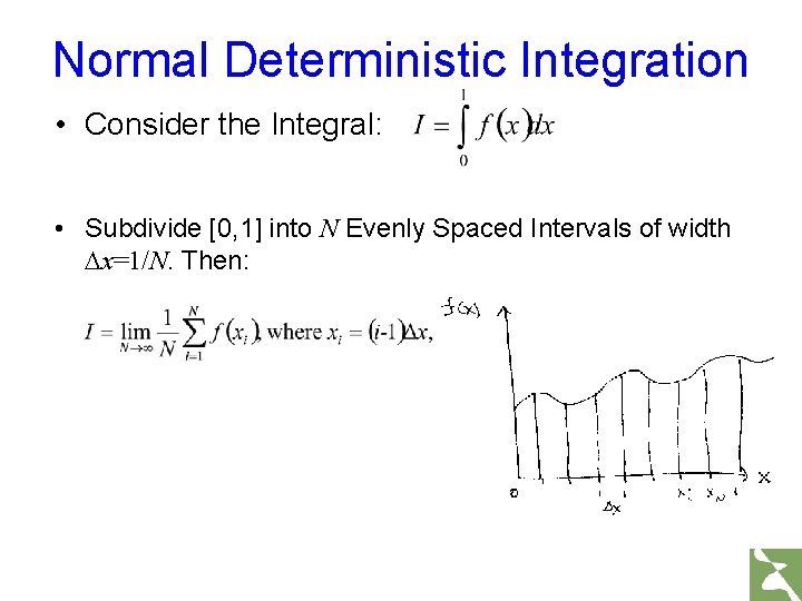 Normal Deterministic Integration • Consider the Integral: • Subdivide [0, 1] into N Evenly