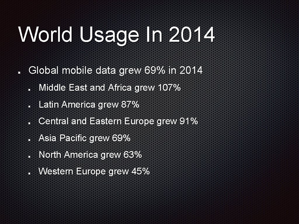 World Usage In 2014 Global mobile data grew 69% in 2014 Middle East and