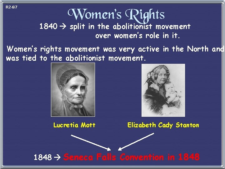 R 2 -6/7 Women’s Rights 1840 split in the abolitionist movement over women’s role