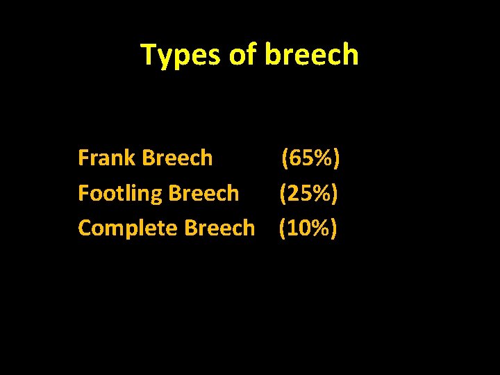 Types of breech Frank Breech (65%) Footling Breech (25%) Complete Breech (10%) 