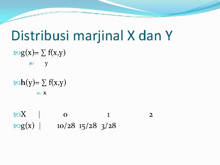 Distribusi marjinal X dan Y g(x)= ∑ f(x, y) y h(y)= ∑ f(x, y)