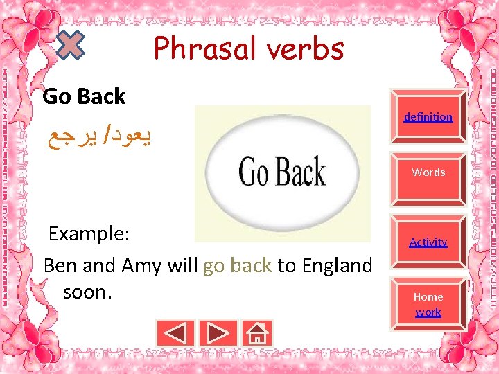 Phrasal verbs Go Back ﻳﺮﺟﻊ / ﻳﻌﻮﺩ definition Words Example: Ben and Amy will
