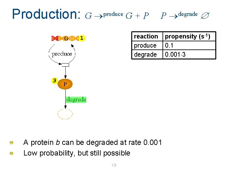 Production: G produce G + P P degrade reaction produce degrade 1 3 A Production: G produce G + P P degrade reaction produce degrade 1 3 A