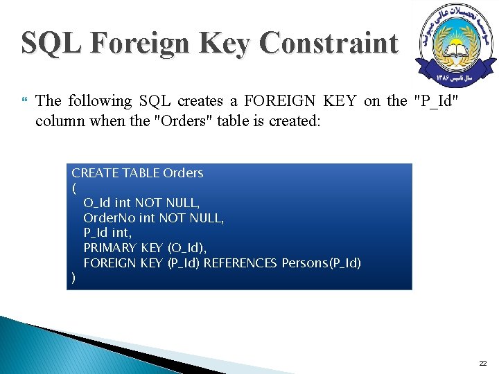 SQL Foreign Key Constraint The following SQL creates a FOREIGN KEY on the "P_Id" SQL Foreign Key Constraint The following SQL creates a FOREIGN KEY on the "P_Id"