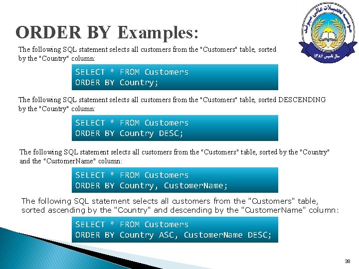 ORDER BY Examples: The following SQL statement selects all customers from the "Customers" table, ORDER BY Examples: The following SQL statement selects all customers from the "Customers" table,