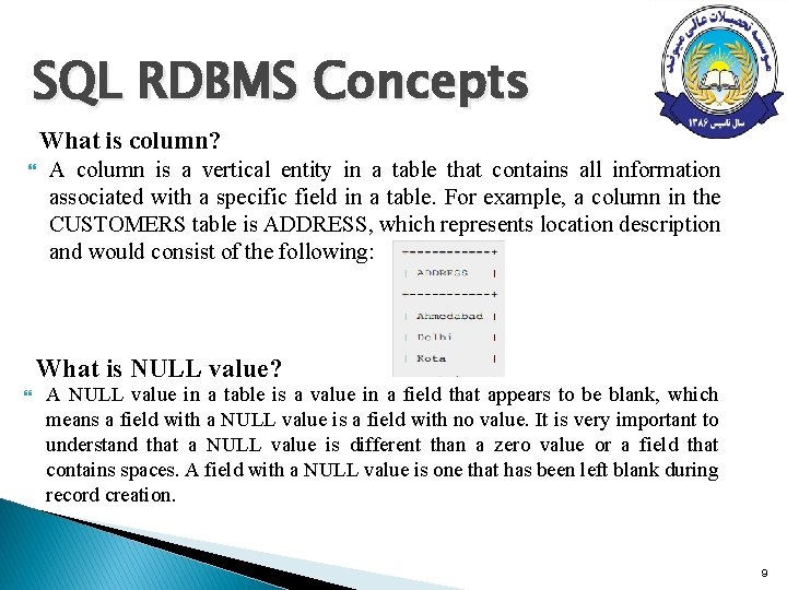 SQL RDBMS Concepts What is column? A column is a vertical entity in a SQL RDBMS Concepts What is column? A column is a vertical entity in a