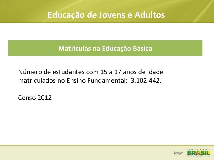 Educação de Jovens e Adultos Matrículas na Educação Básica Número de estudantes com 15